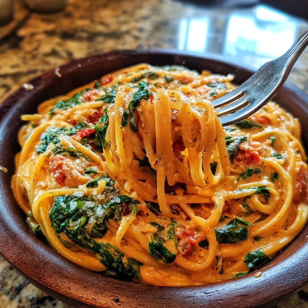 One-Pot Pasta mit Tomaten & Spinat