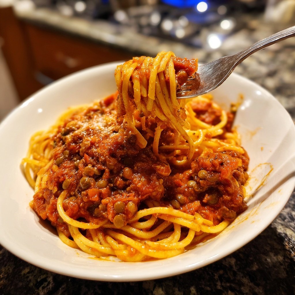 Linsen-Bolognese mit Spaghetti