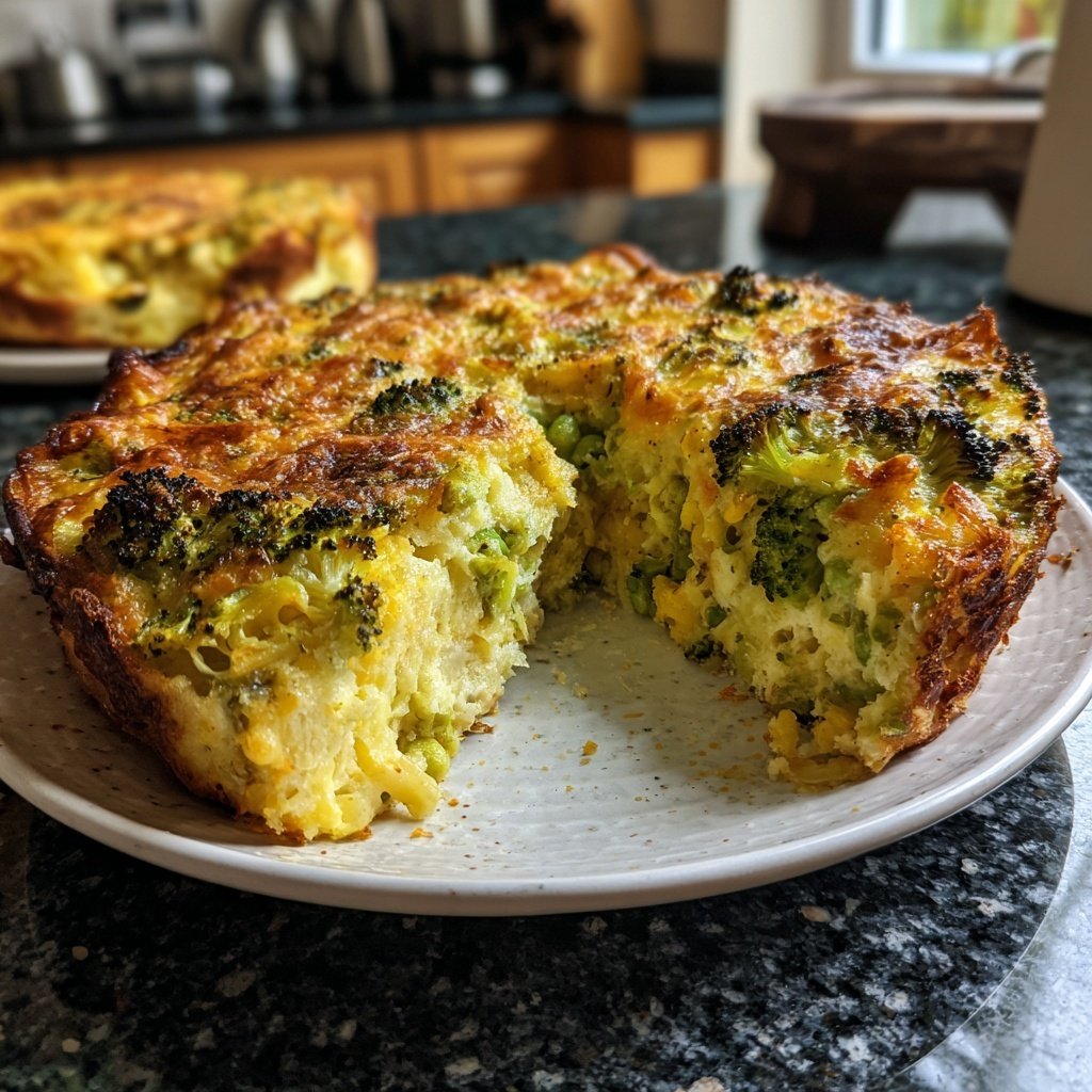 Vegetarischer Nudelauflauf mit Brokkoli und Erbsen