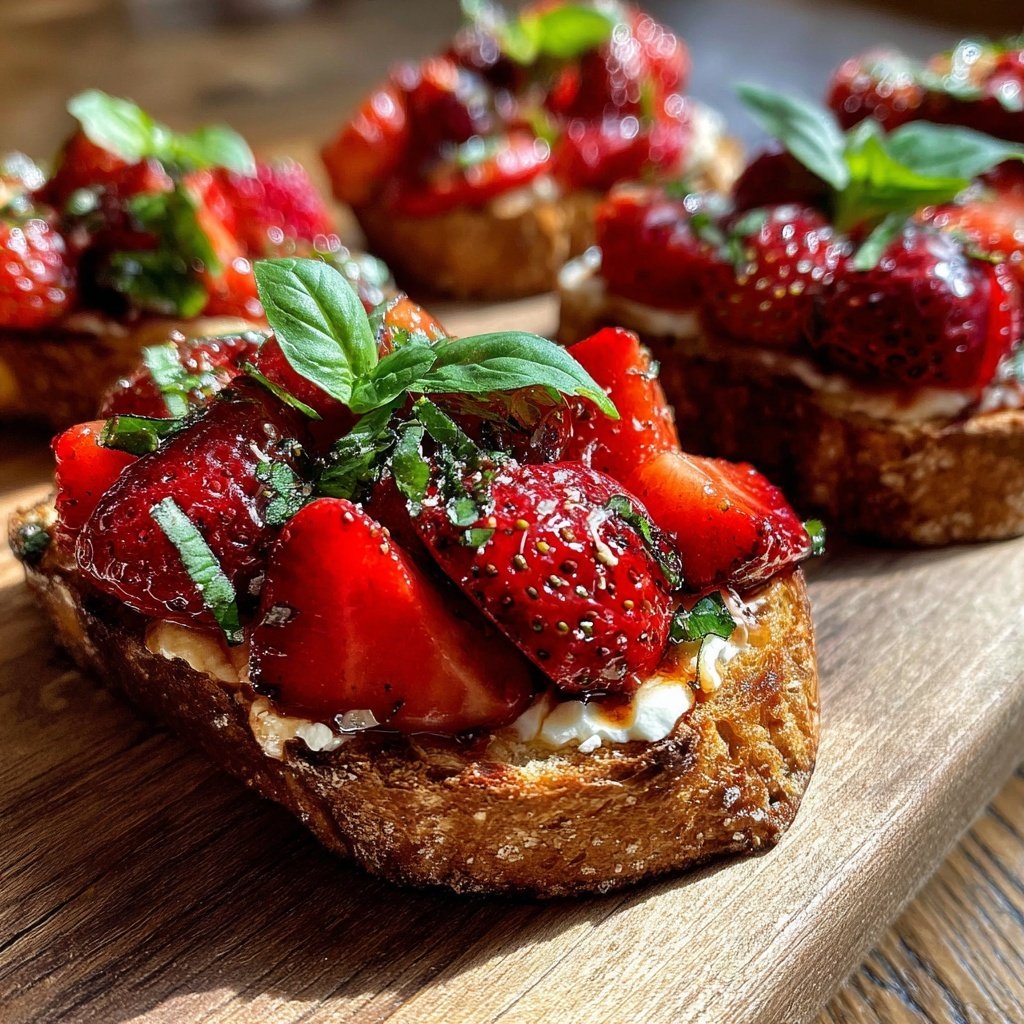 Herzförmige Bruschetta mit Erdbeeren